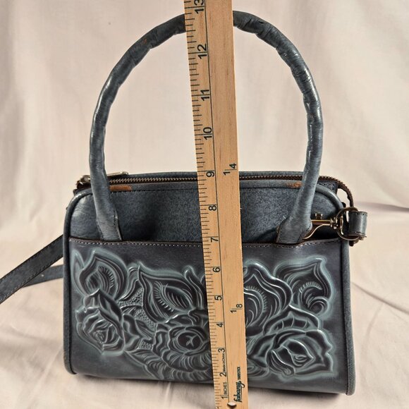 Patricia Nash Blue Leather Embossed Floral Satchel Crossbody Handbag - Picture 13 of 16